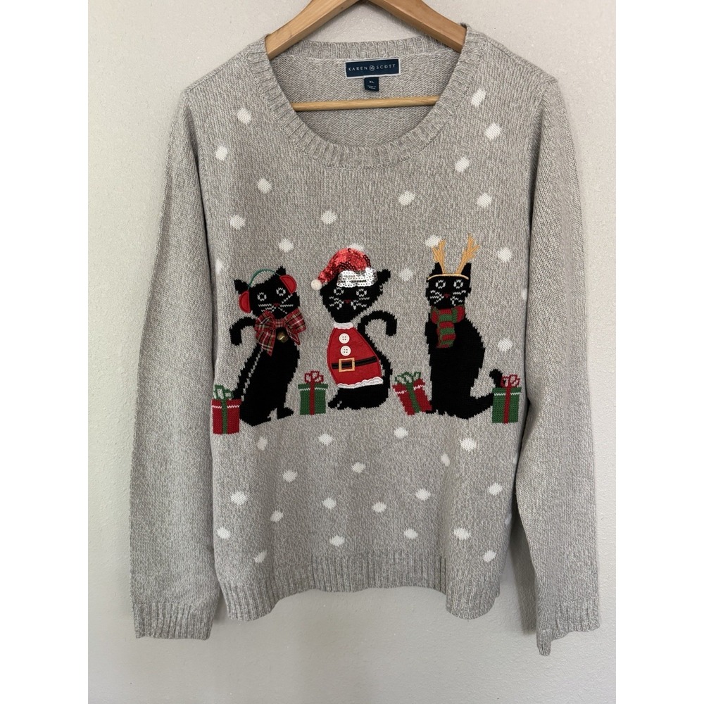 Karen Scott Women's Grey Sweater Cats Graphic Knit Embellished Holiday Size XL